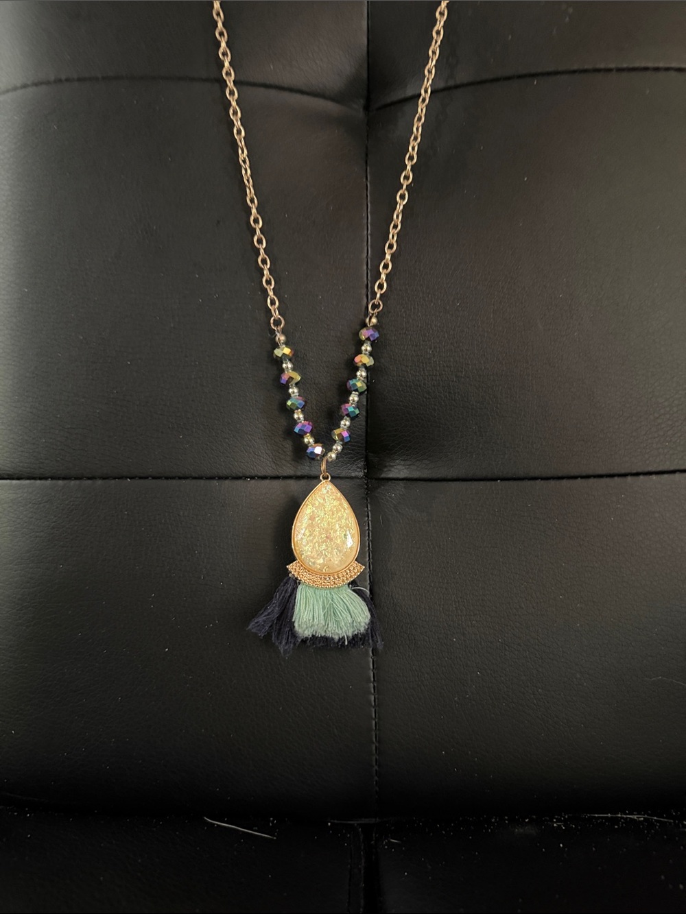 Christopher & Banks Gold Teardrop Pendant Necklace with Mint & Navy Tassels